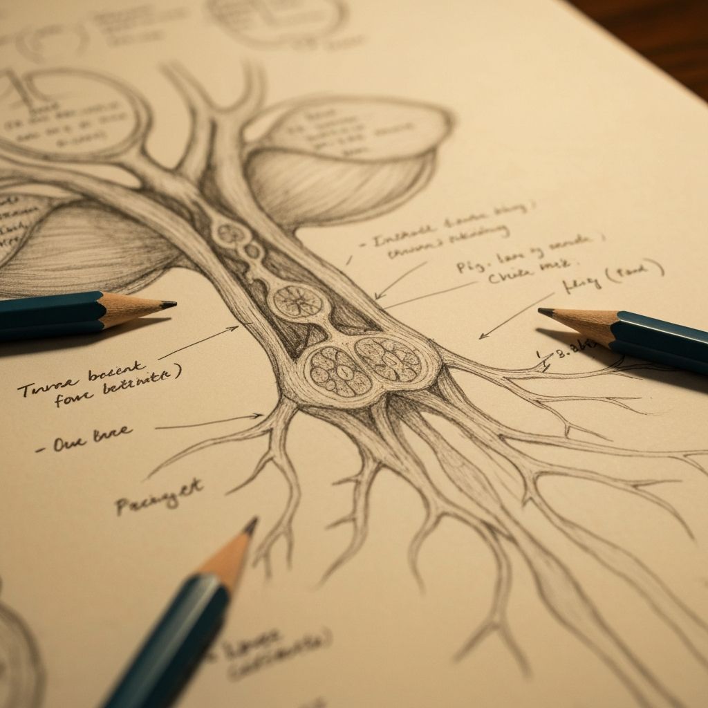 Detaillierte wissenschaftliche Diagramme und Notizen auf Papier, symbolisiert detaillierte Studie