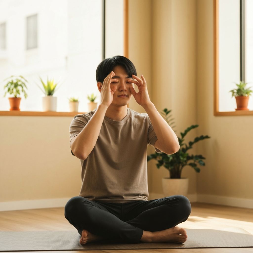 Person führt sanfte Augenübungen durch, mit fokussiertem, ruhigem Gesichtsausdruck